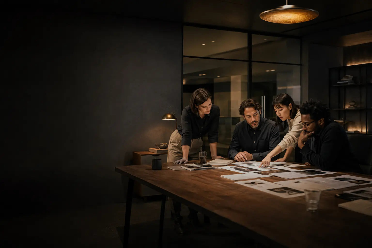 A team reviewing evidence and decisions together in a modern studio